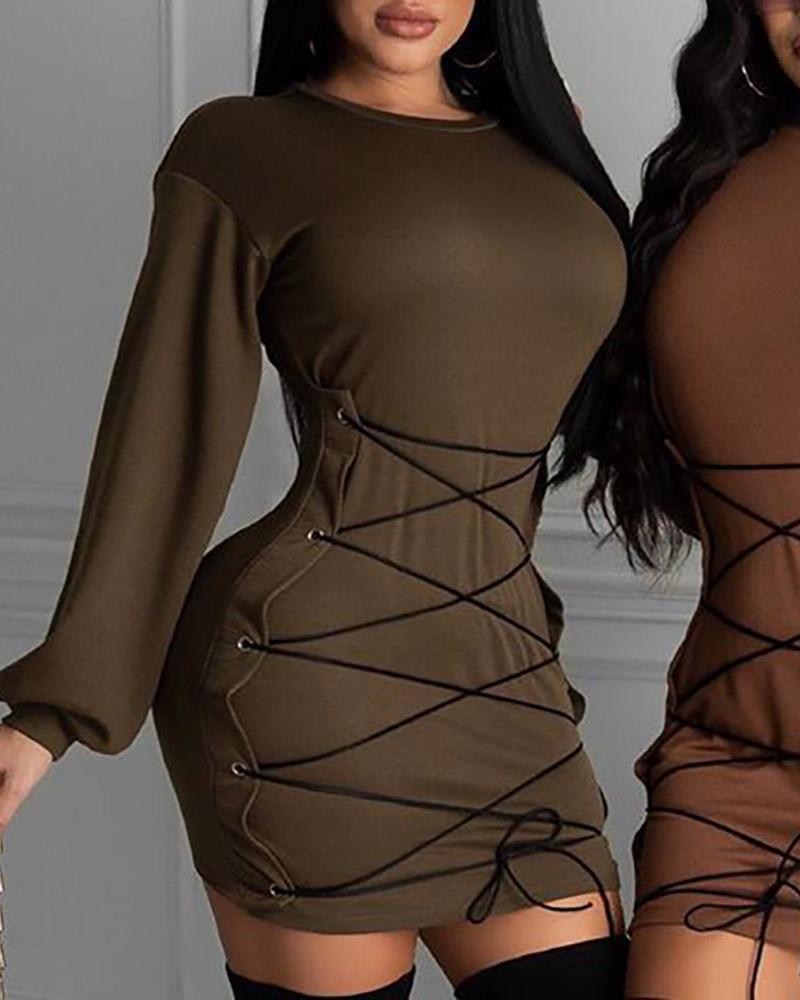 

Eyelet Lace-up Long Sleeve Bodycon Dress, Dark khaki