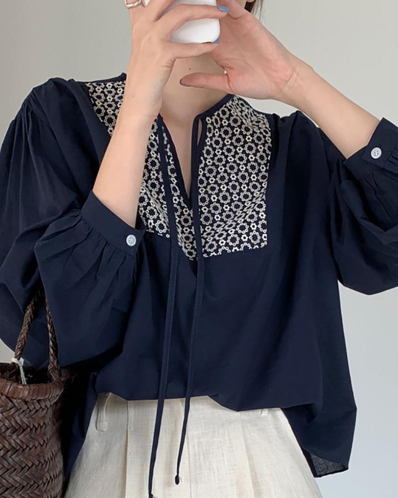

Floral Pattern Ruched Long Sleeve Top, Dark blue