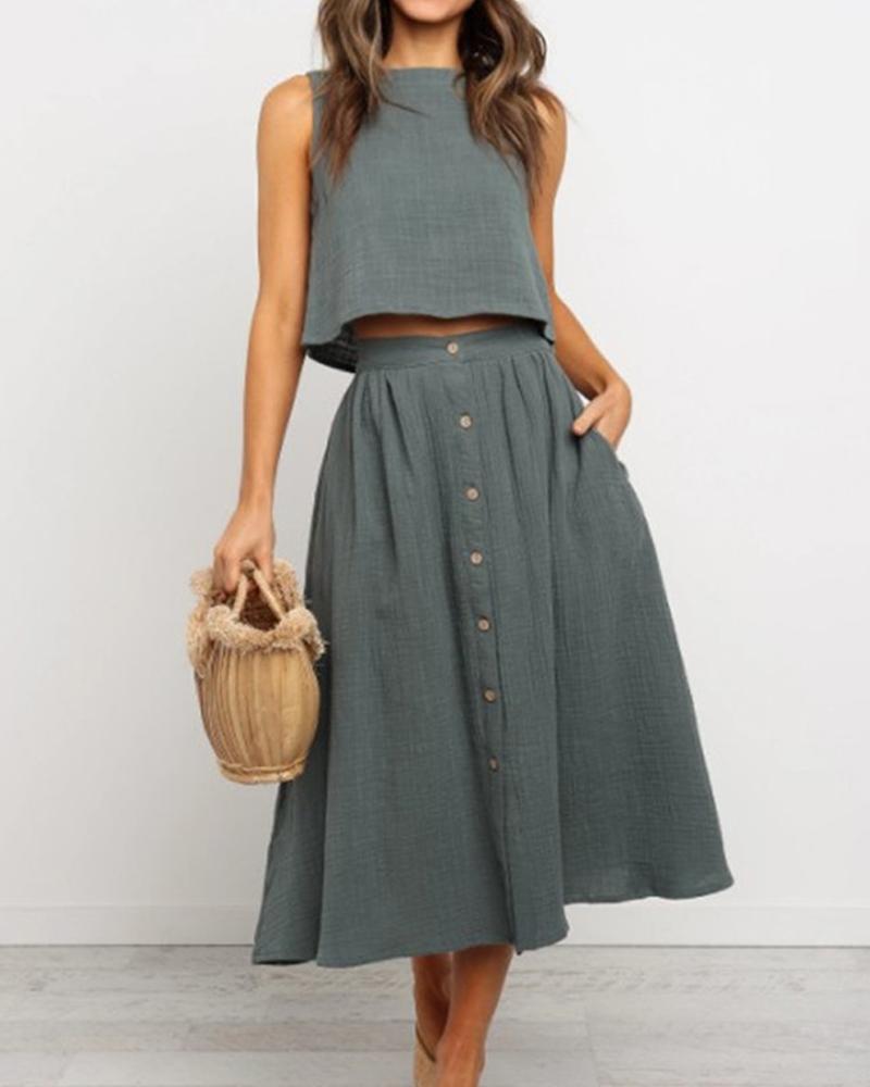 

Sleeveless Top & Midi Casual Skirt, Green