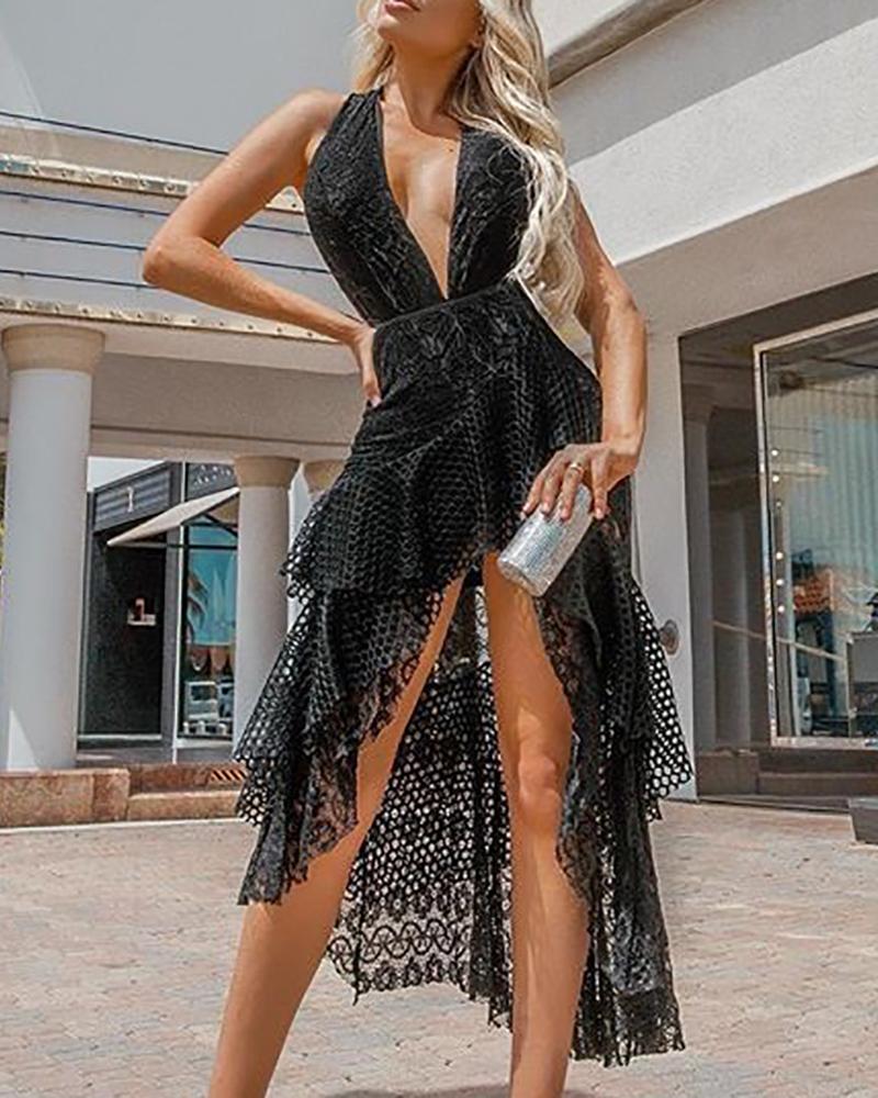 

Deep V Halter Hollow Out Lace Party Dress