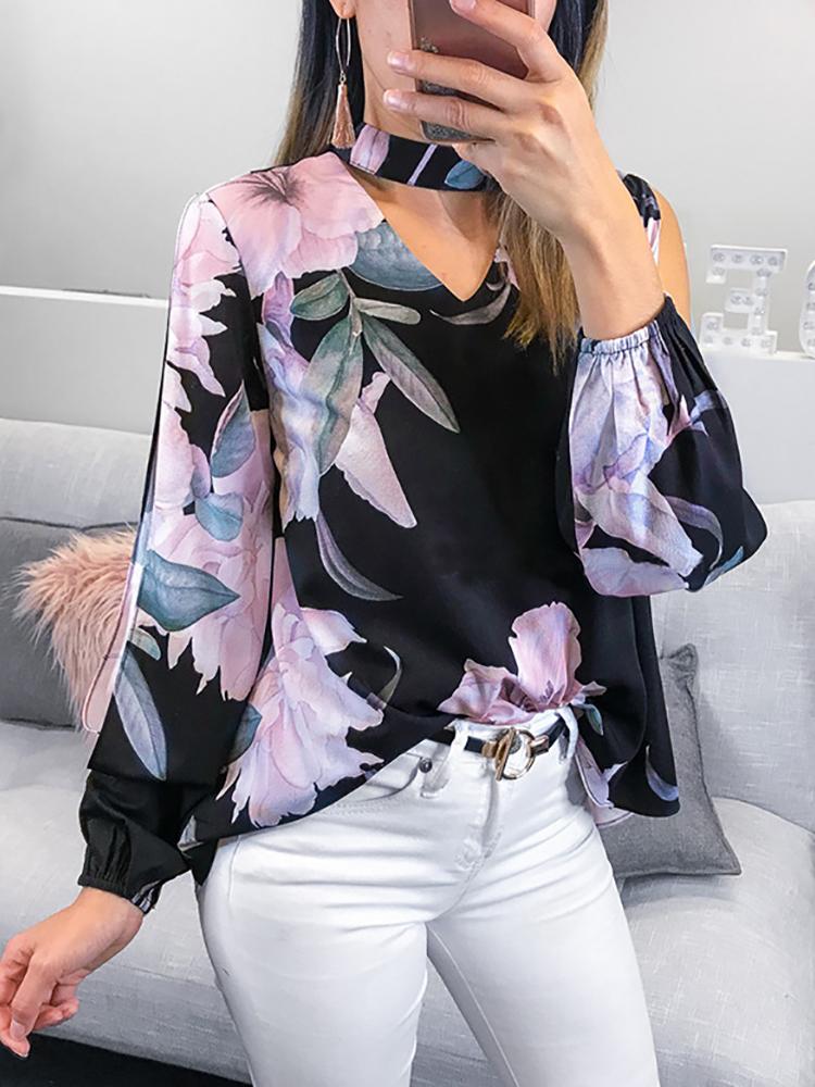 

Floral Print Choker Slit Sleeve Casual Blouse