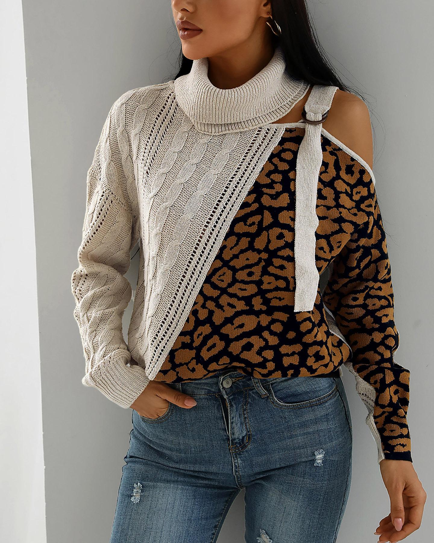 

High Neck Colorblock Leopard Cut Out Knitting Sweater