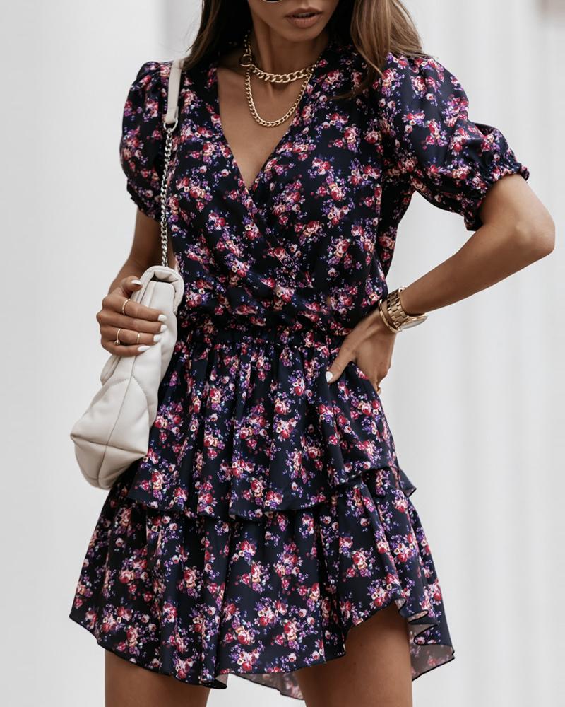 

Floral Print Ruffles Ruched Wrap Dress, Dark blue