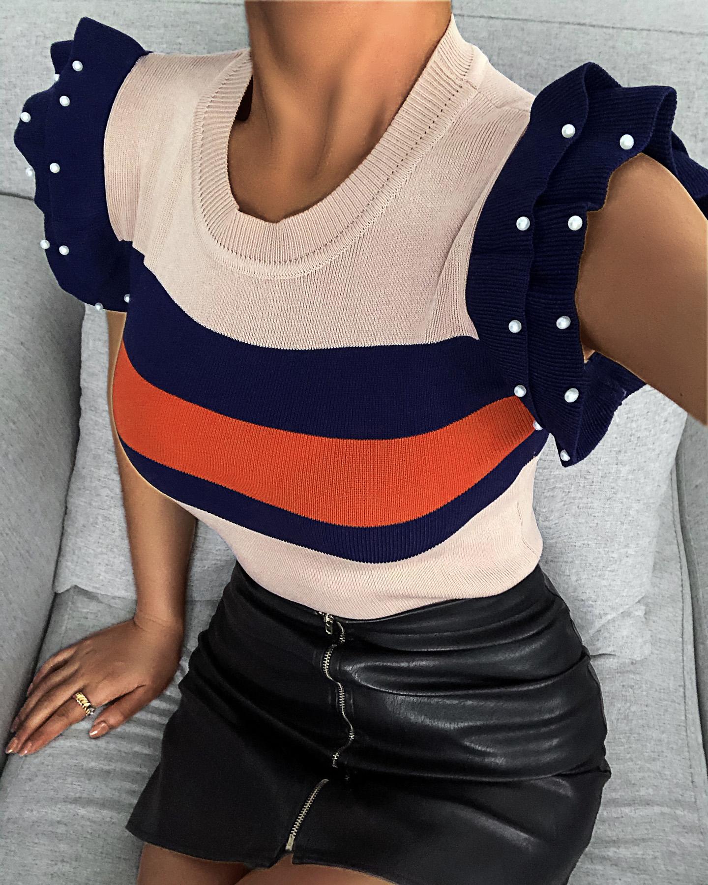 

Beaded Colorblock Knit Casual Sweater, Khaki