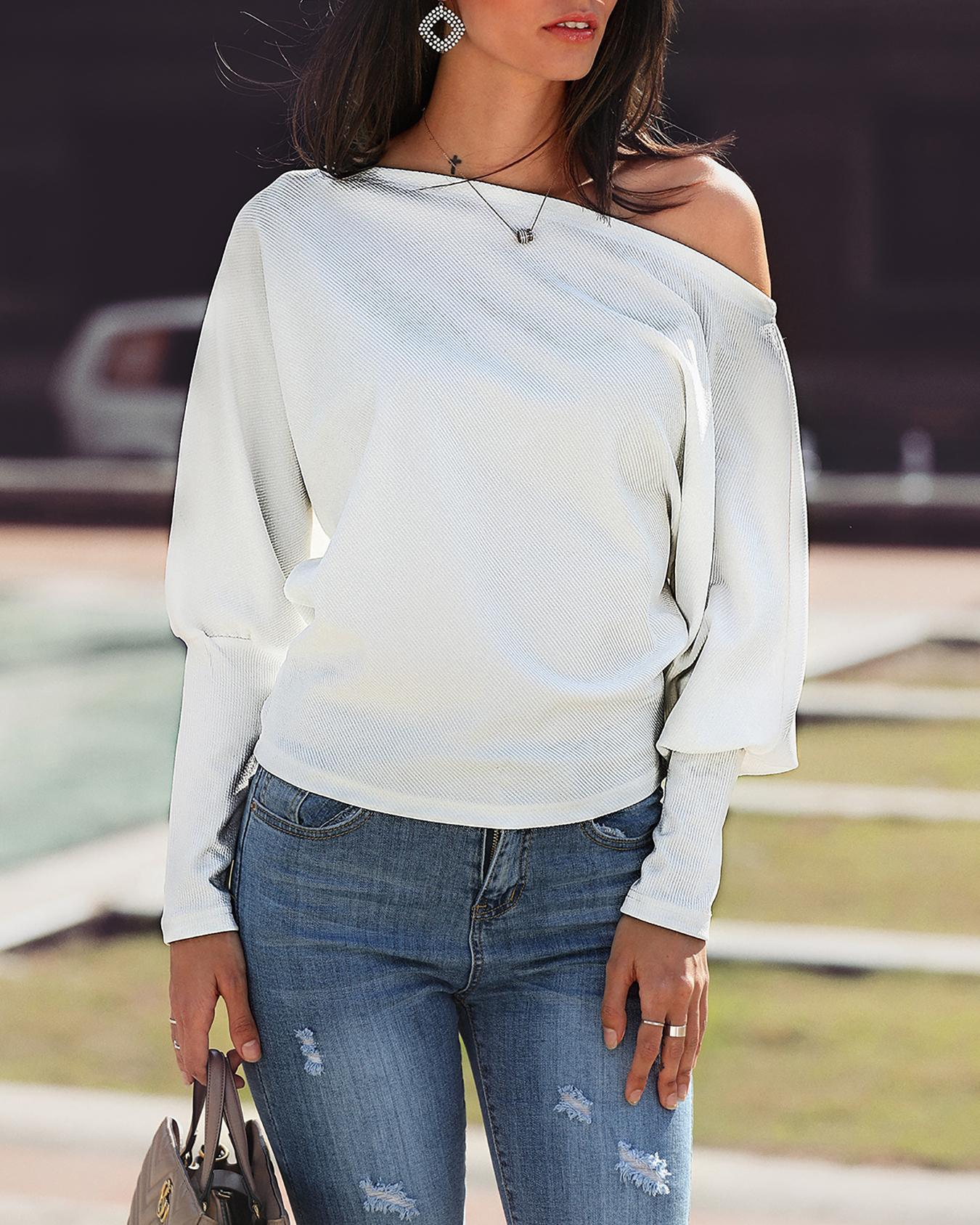 

Skew Neck Batwing Sleeve Casual Top, White