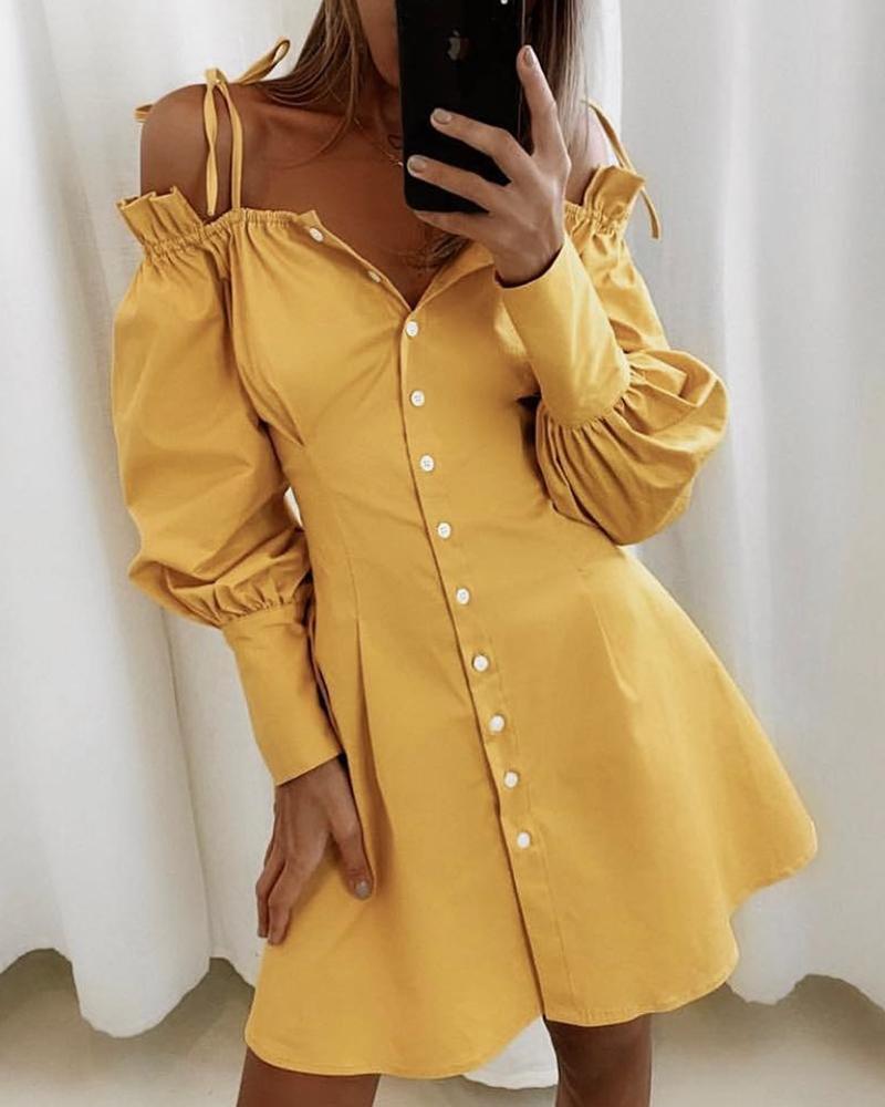 

Cold Shoulder Tied Strap Frill Hem Dress, Yellow