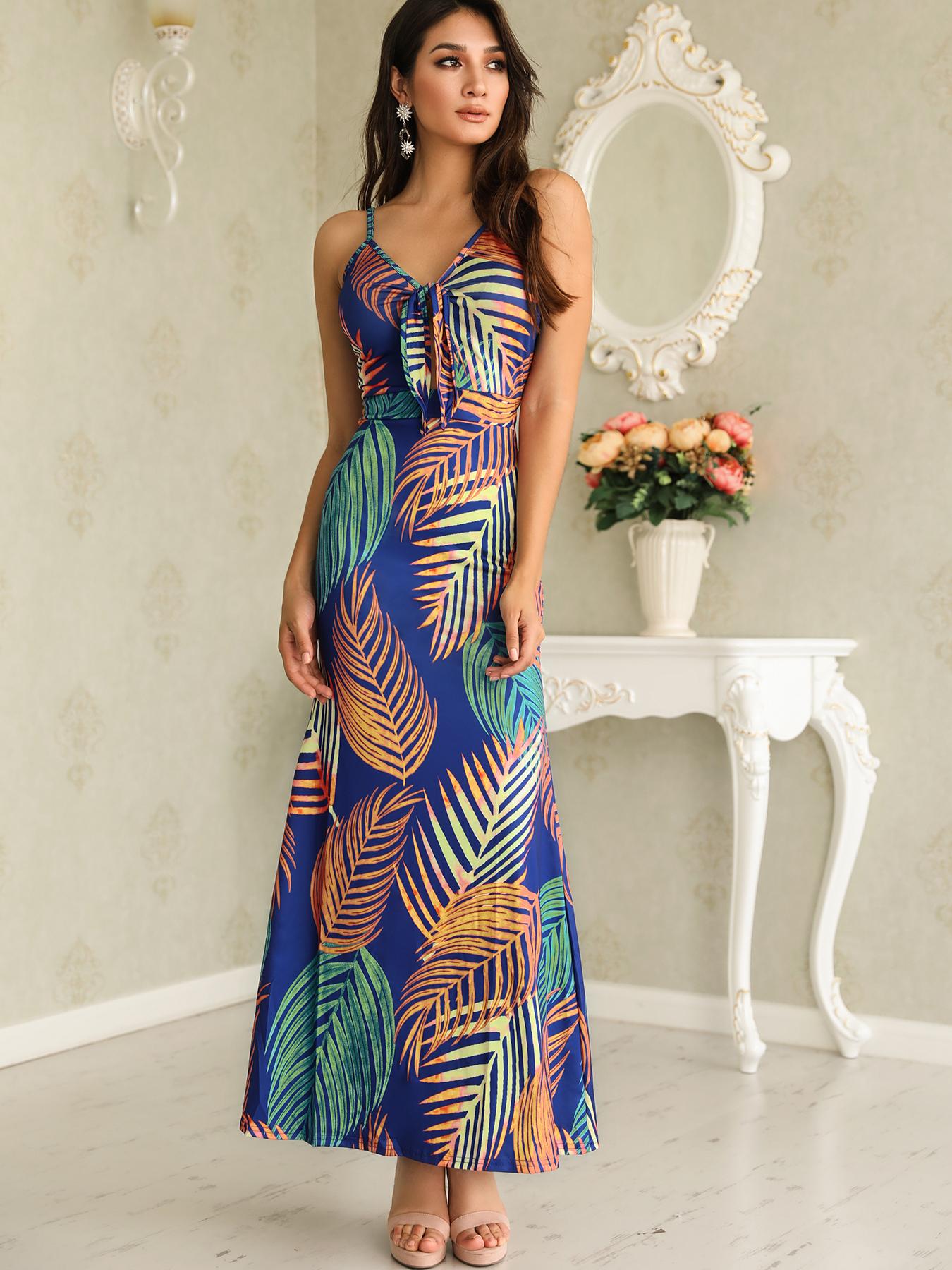 

Tropical Print Cut Out Knot Front Maxi Dress