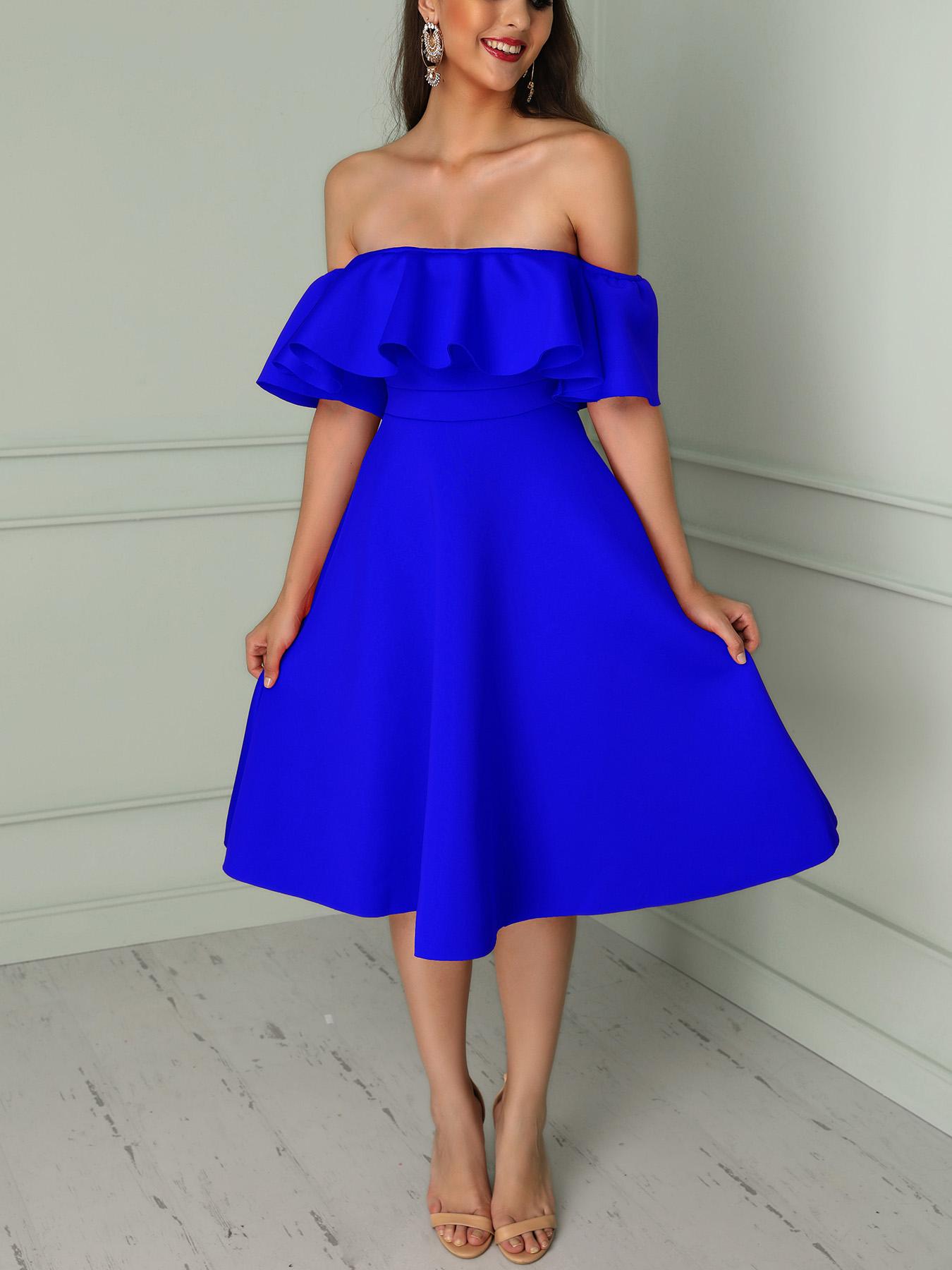 

Solid Ruffles Off Shoulder Pleated Mini Dress