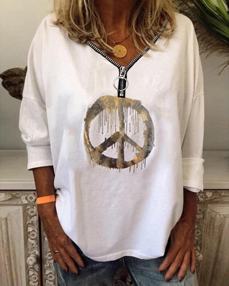 

Cartoon Print Long Sleeve Splicing Zipper Blouse, White