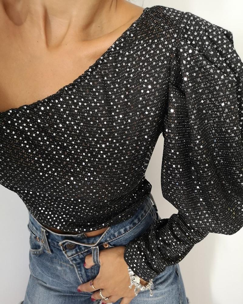 

Glitter One Shoulder Lantern Sleeve Sequins Blouse