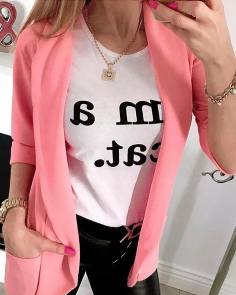 

Solid Notched Collar Pocket Design Blazer, Pink
