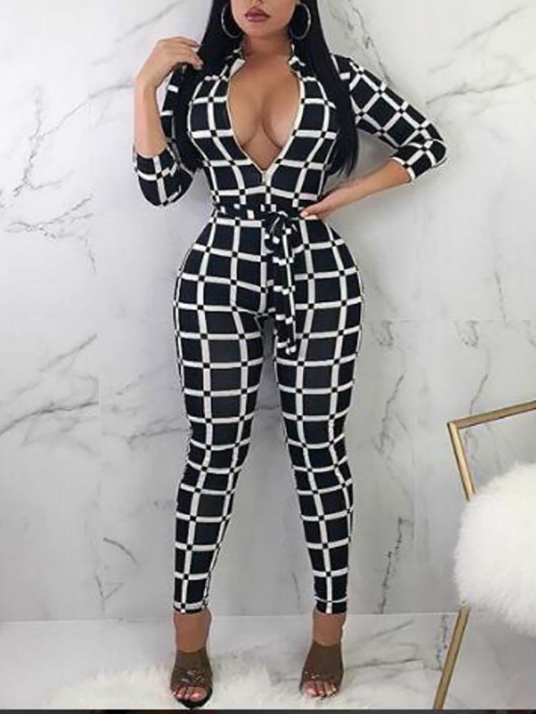 

Grid Print Deep V Belted Petite Jumpsuit, Black