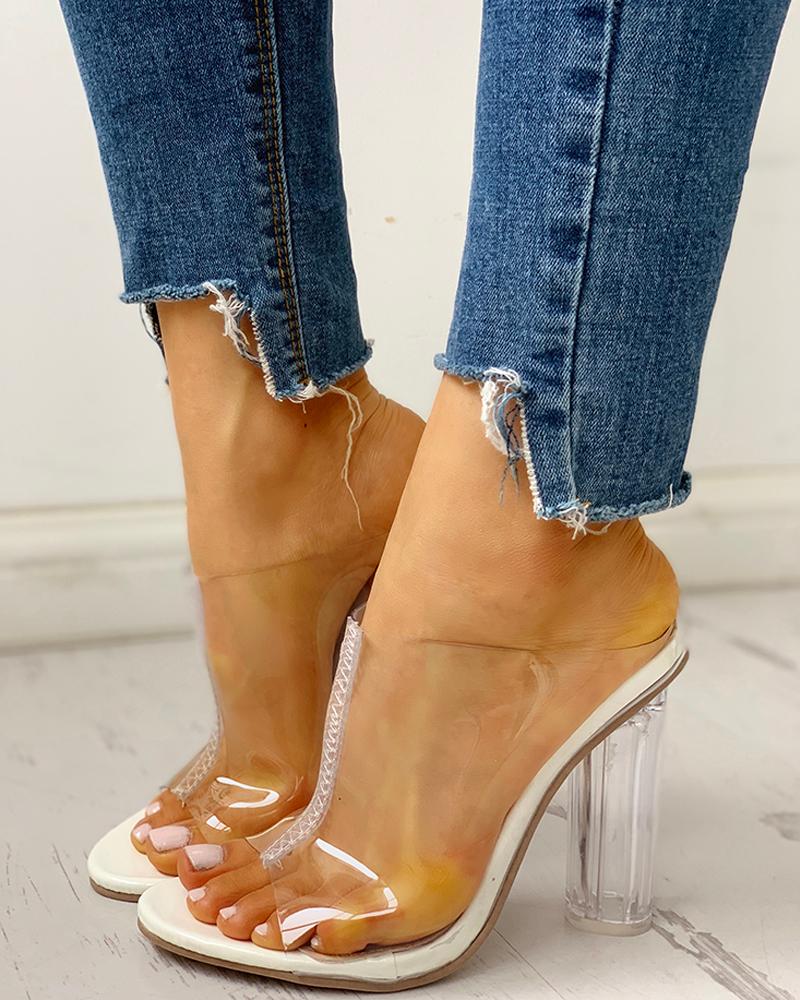 

Peep Toe Transparent Chunky Heeled Sandals, White