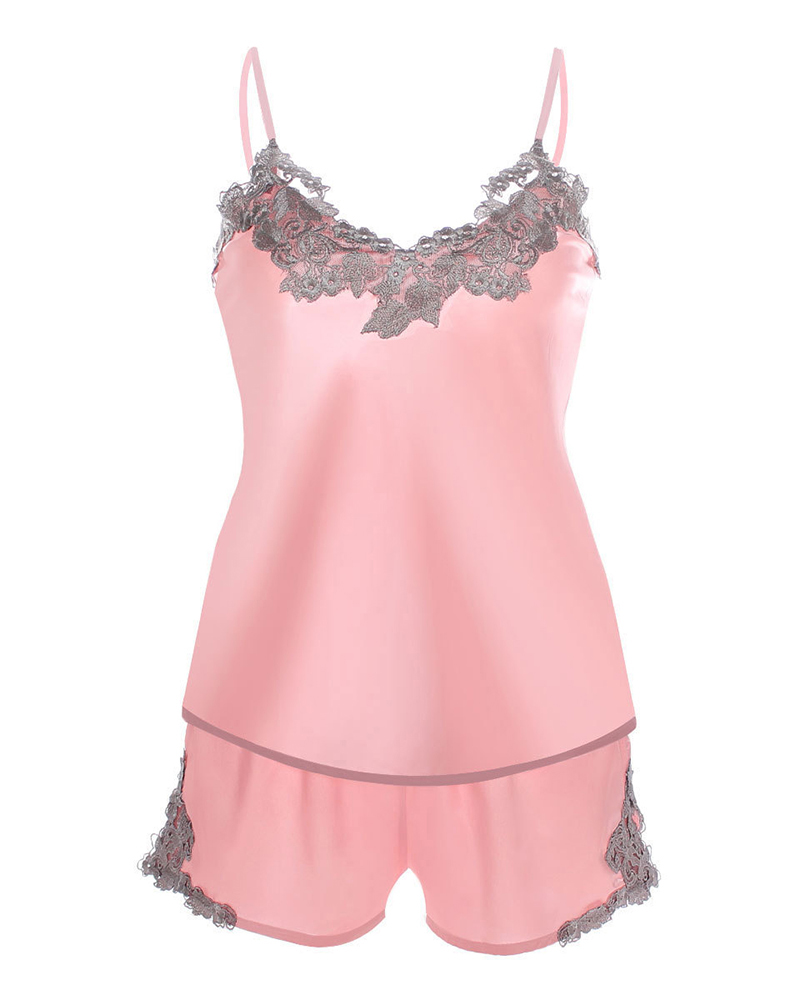 

Lace Trim Satin Cami Set, Pink