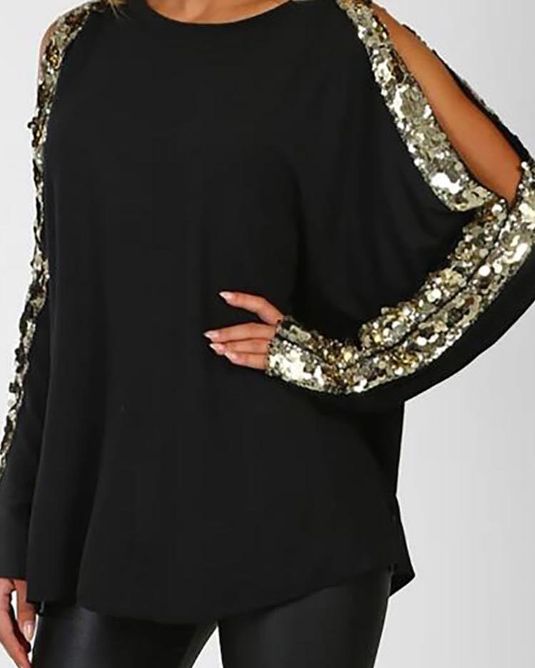 

Round Neck Sequin Slit Sleeve Top, Black