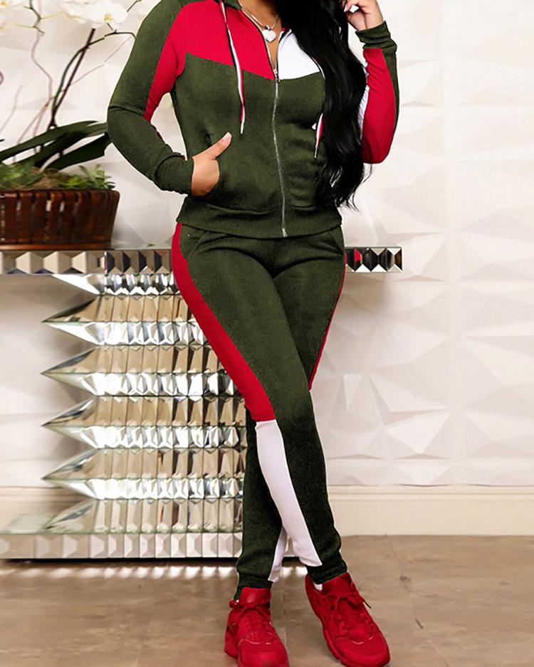 

Colorblock Hooded Zipper Jacket & Pants Set