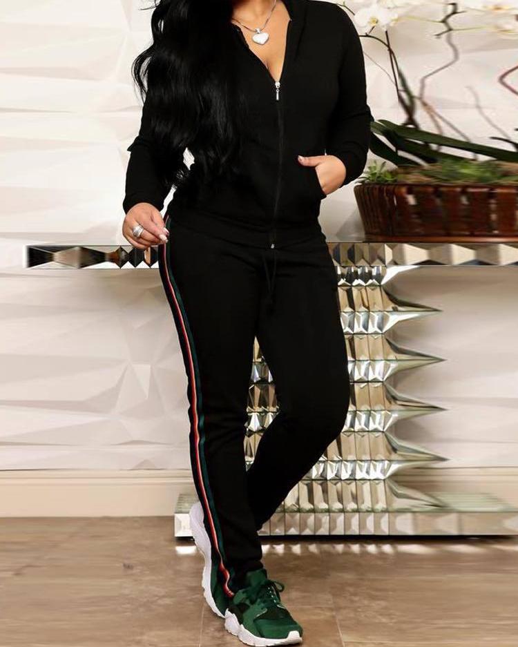 

Striped Tape Hooded Zipper Jacket & Pants Sets