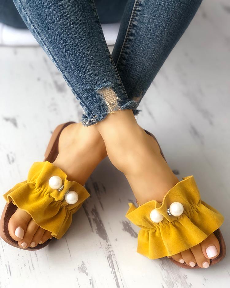 

Beaded Embellished Open Toe Flat Sandals, Yellow