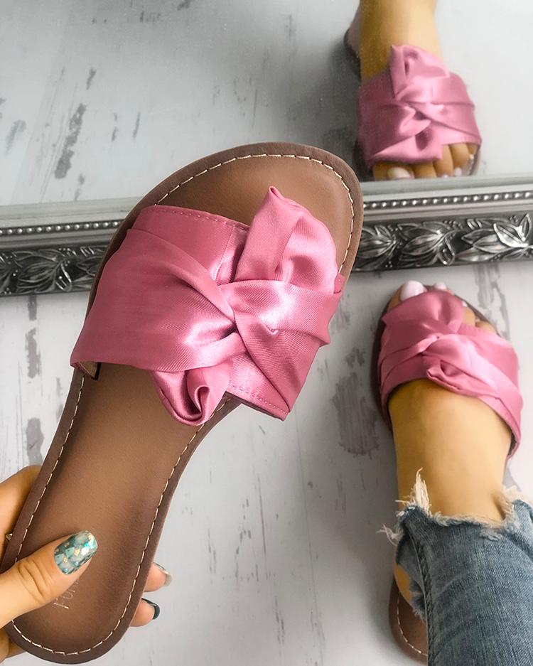 

Satin Knot Design Single Strap Flat Sandals, Red
