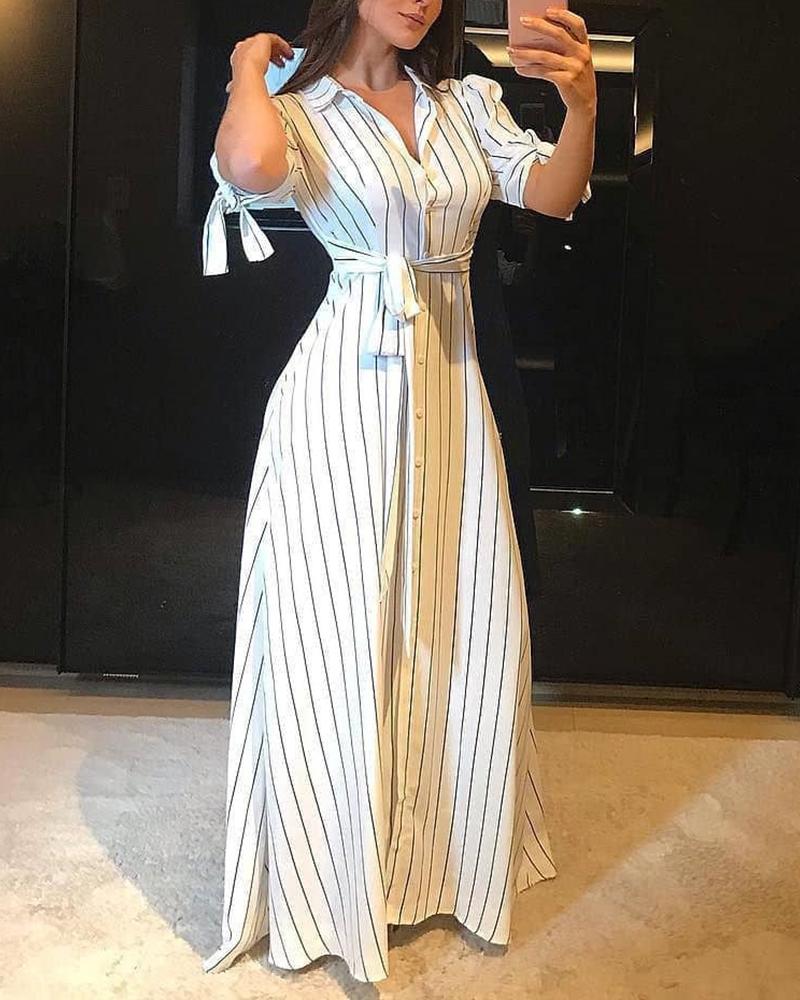 

Striped Tied Detail Shirt Maxi Dress, White