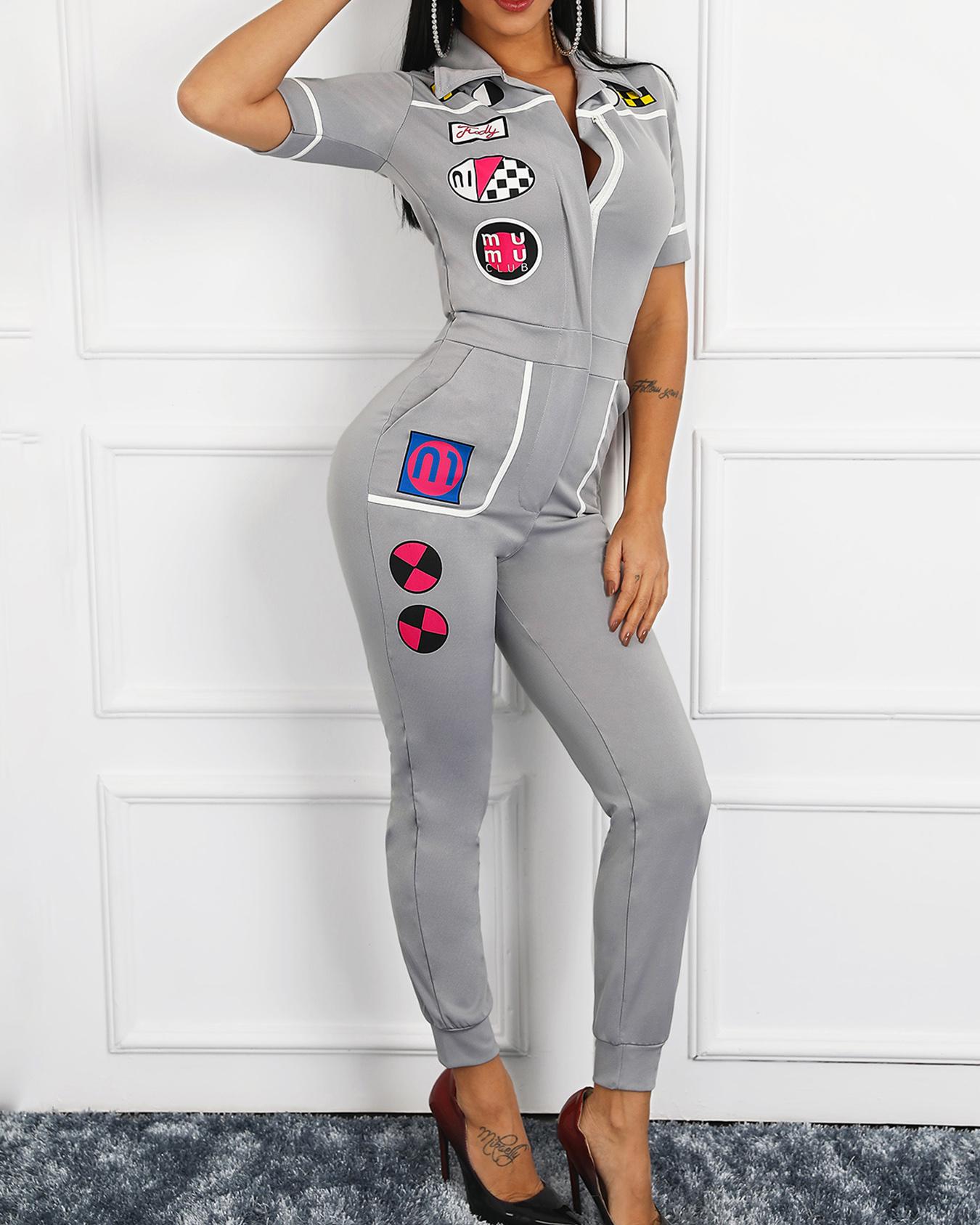 

Patch Detail Short Sleeve Casual Jumpsuit, Gray