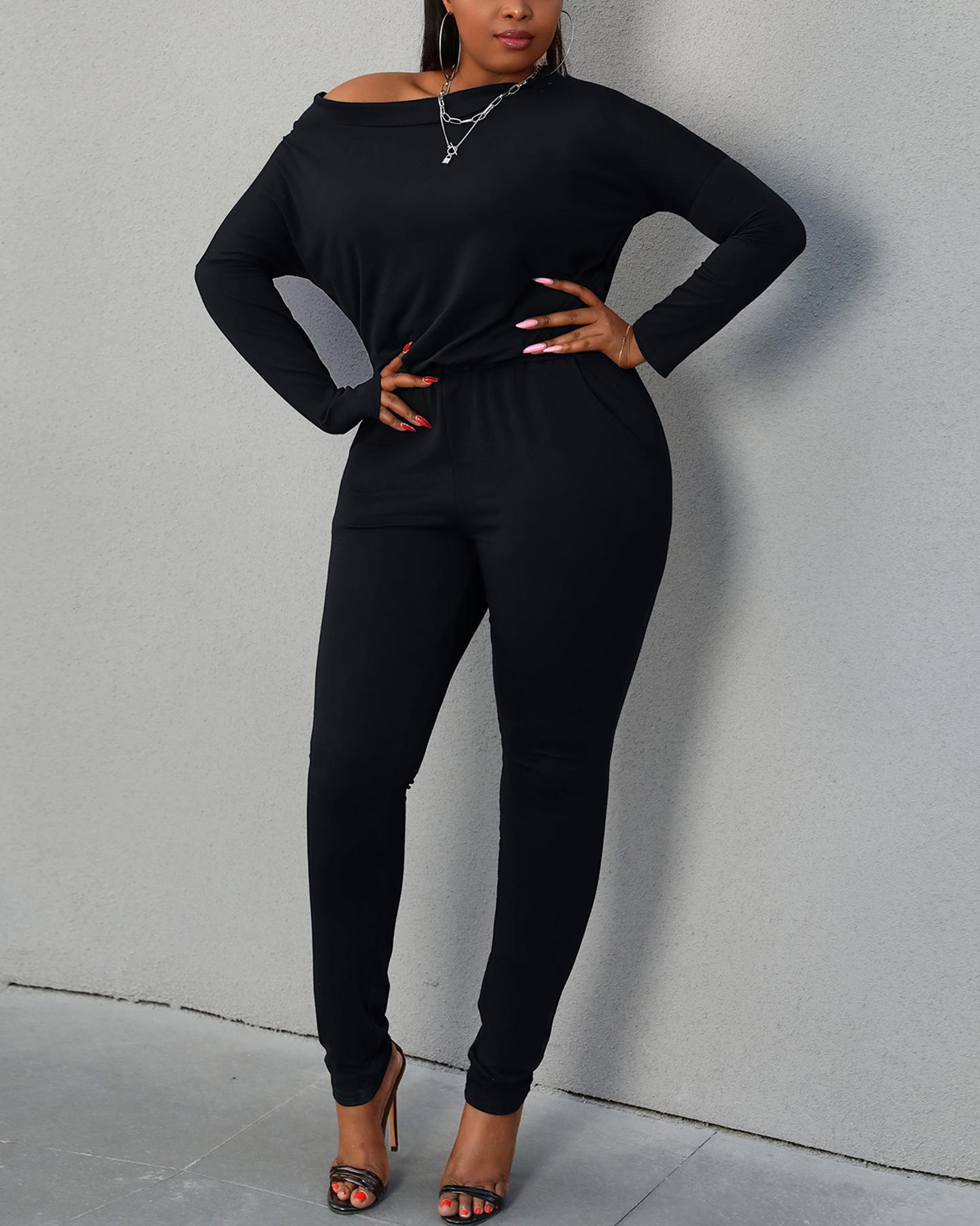 

Plain Long Sleeve Top & Pants Set, Black