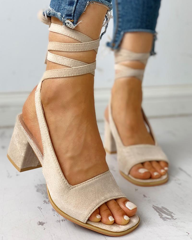 

Peep Toe Bandage Lace-UP Slingback Chunky Heels, Beige