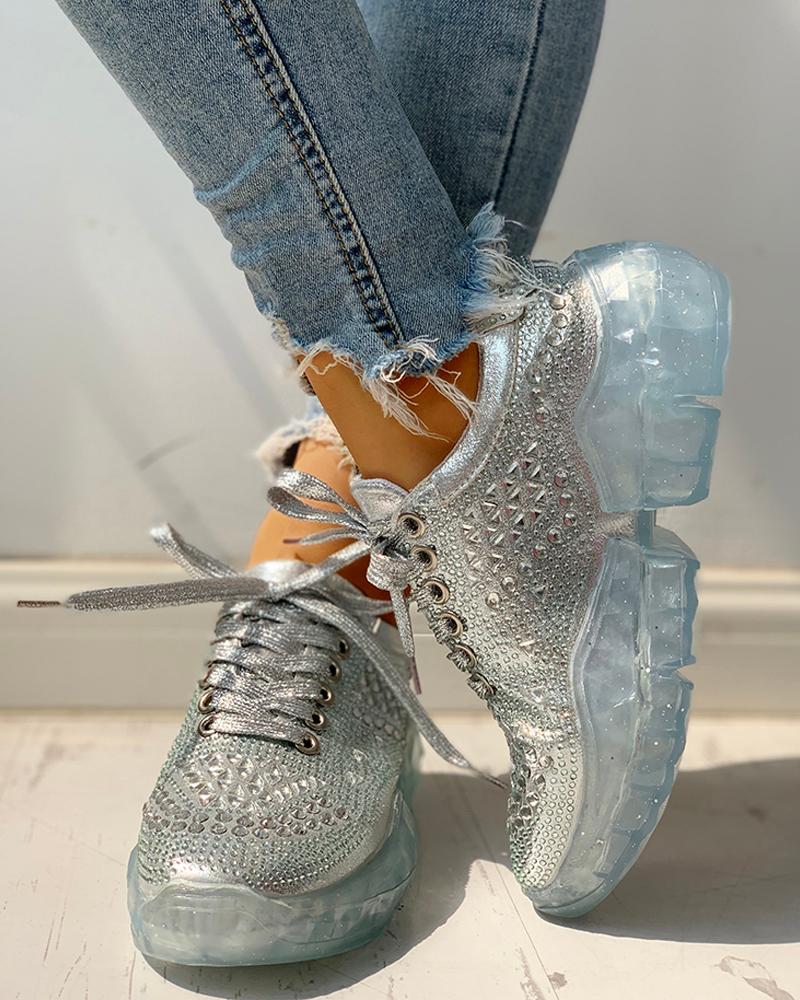 

Glitter Eyelet Lace-Up Muffin Casual Sneakers, Silver