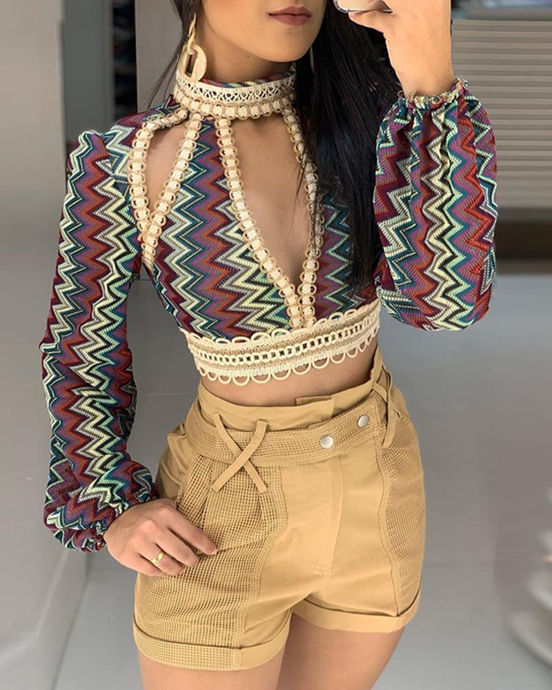 

Ethnic Print Chest Hollow Long Sleeve Blouse