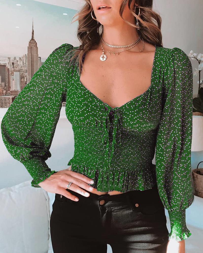

Ruffles Tied Detail Lantern Sleeve Blouse, Green