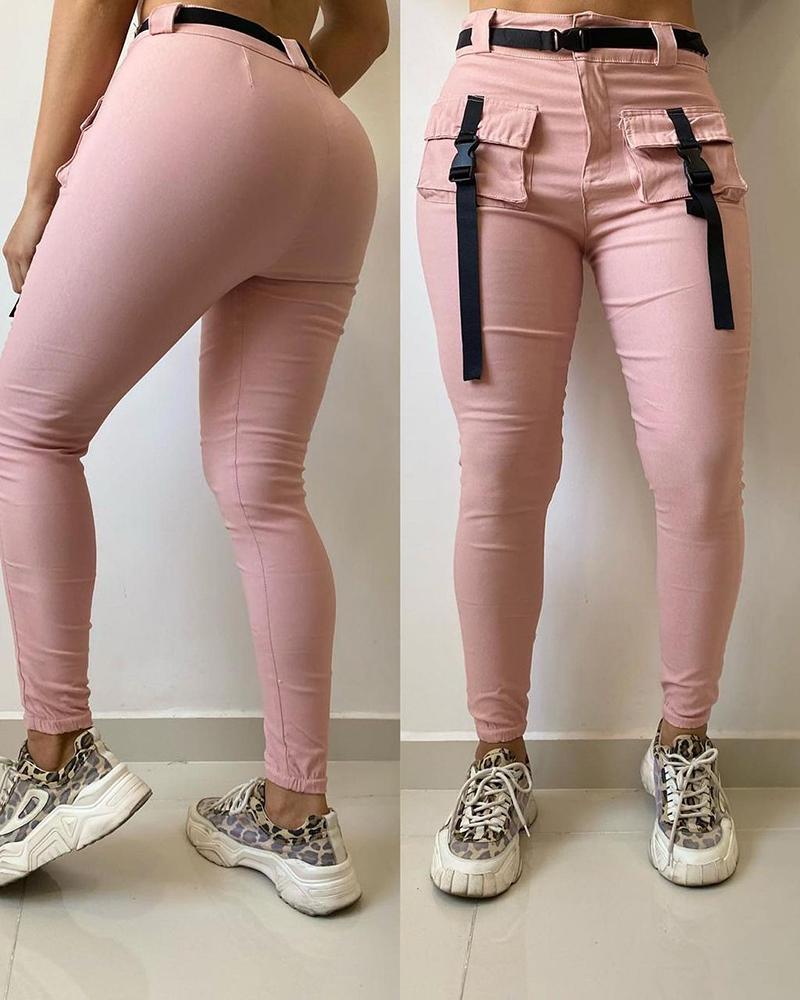 

Pocket Design Buckled Cargo Pants, Pink