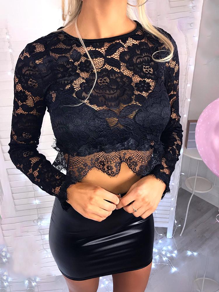 

Eyelash Lace Long Sleeve Crop Top, Black