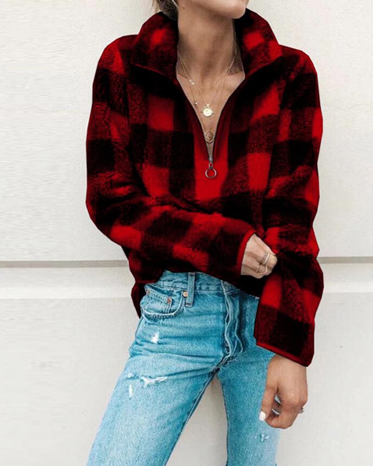 

Grid Fluffy Zipper Design Sweatshirt, Red