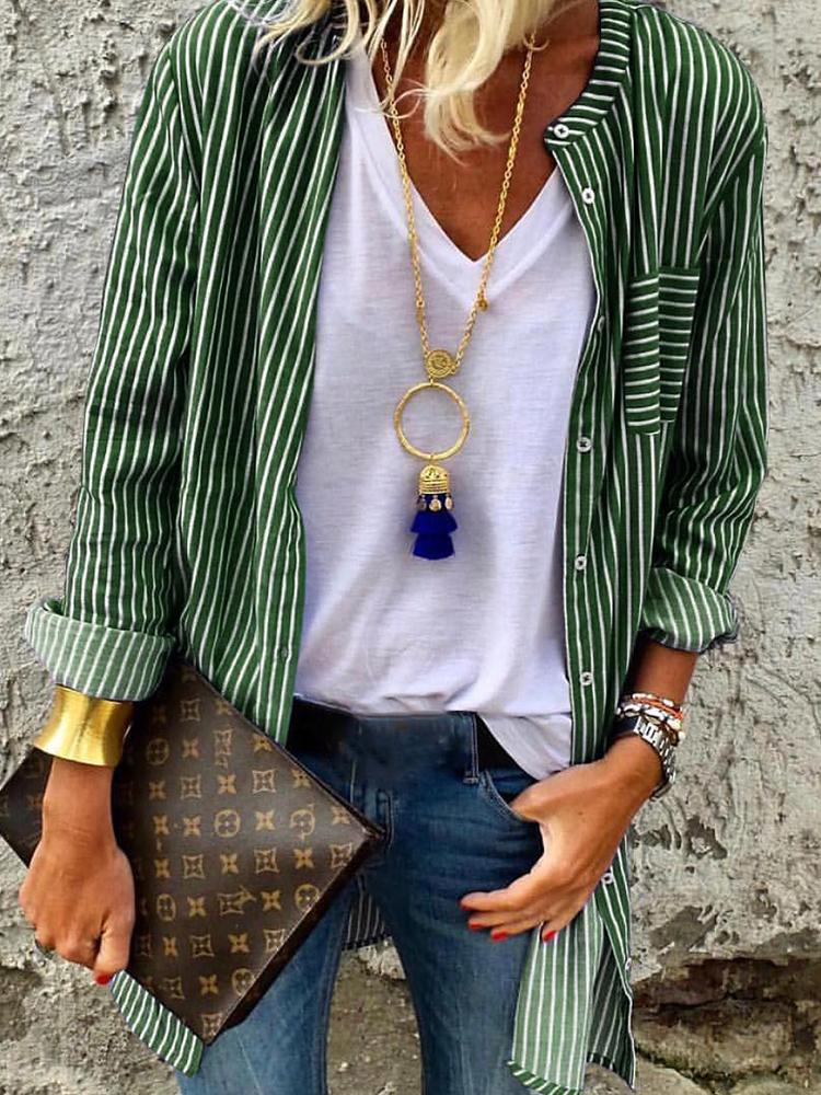 

Stripes Long Sleeve Chest Pocket Design Blouse, Green