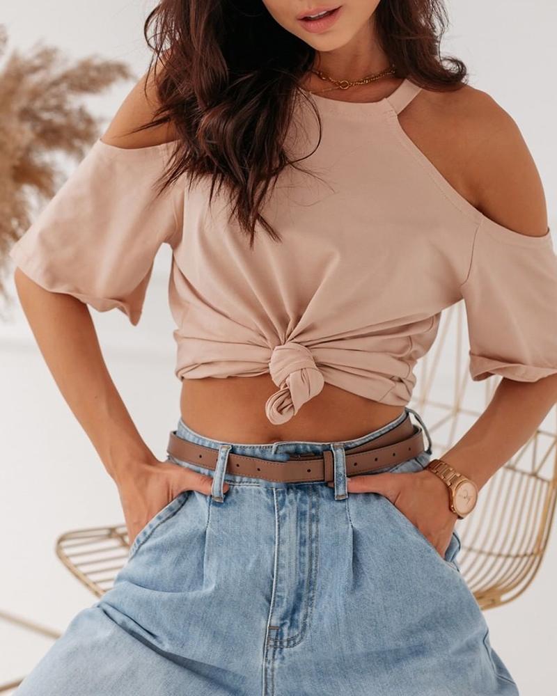 

Cold Shoulder Knot Front Short Sleeve T-shirt, Nude