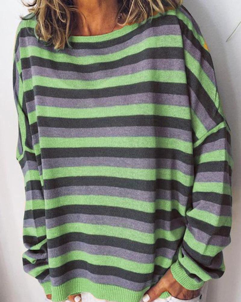 

Long Sleeve Striped Knit Sweater, Green