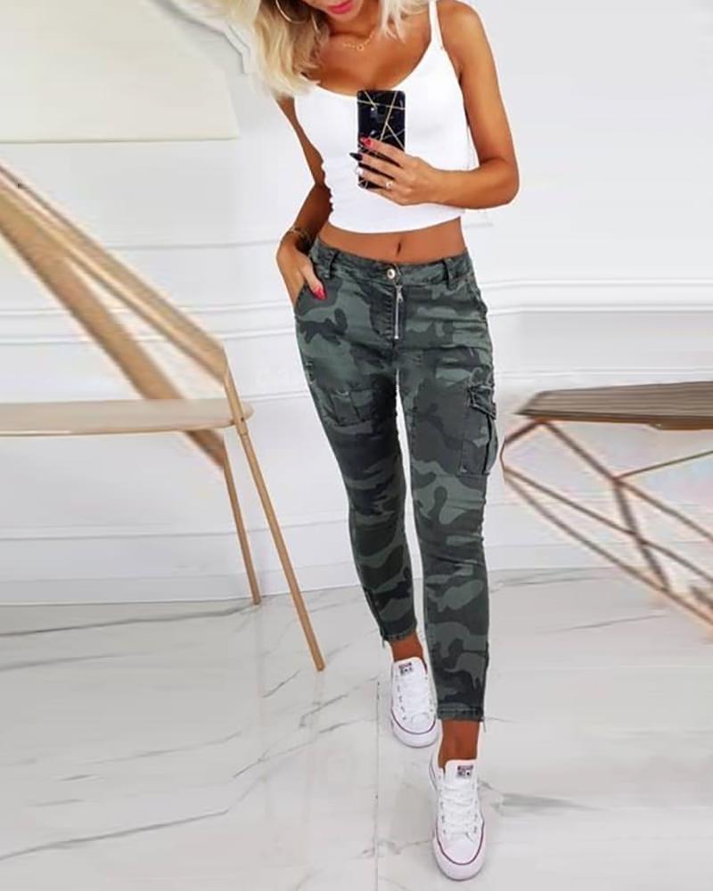 

High Waist Camouflage Print Pocket Design Pants, Camoflage