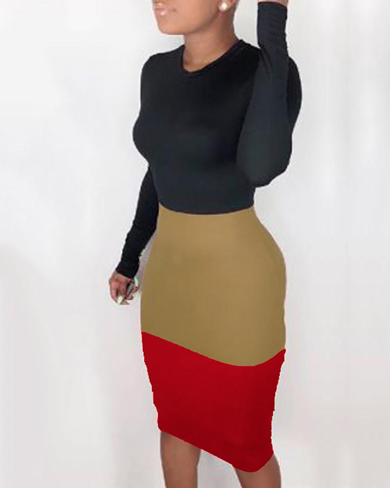 

Colorblock Insert Long Sleeve Bodycon Dress, Black