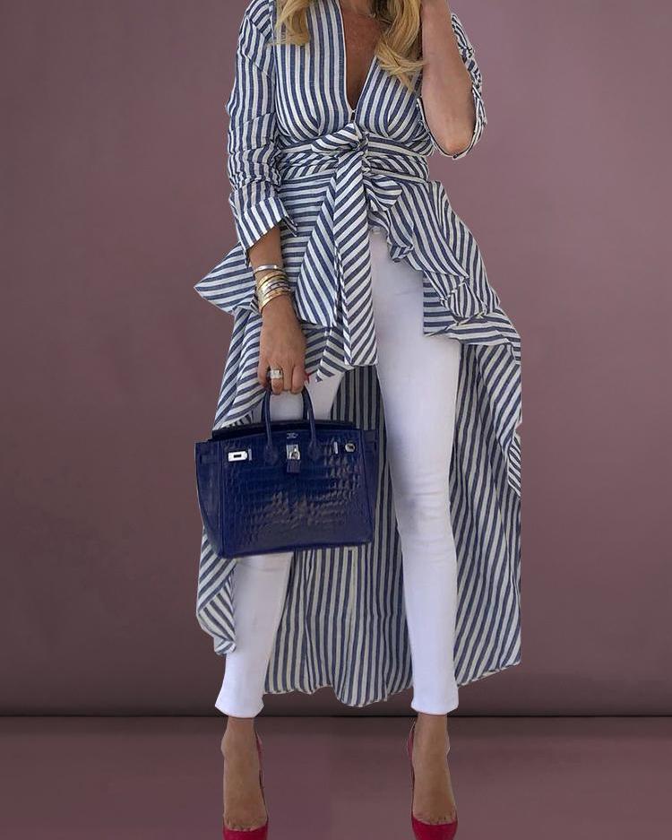 

Striped Tied Front Dip Hem Shirt, Blue