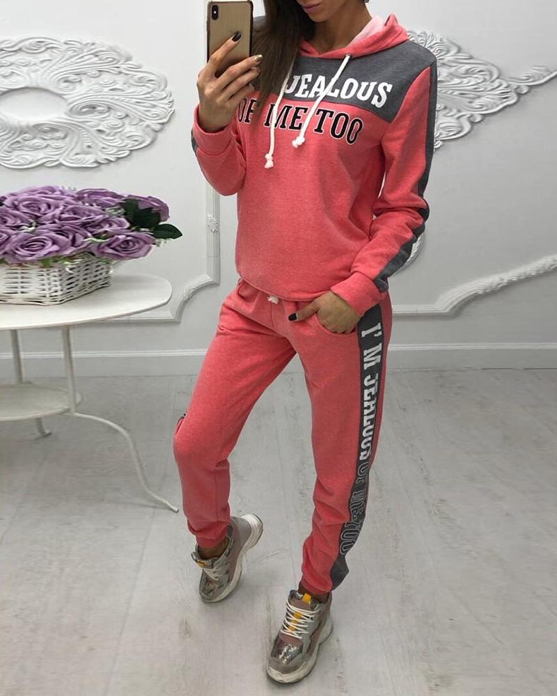 

Hooded Colorblock Insert Letter Print Drawstring Sweatshirt & Pants Sets, Pink
