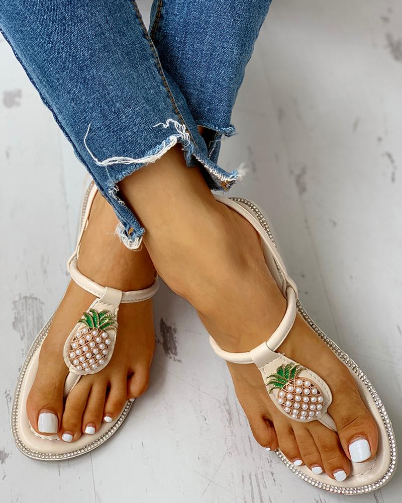 

Pineapple Embellished Toe Post Flat Sandals, Beige