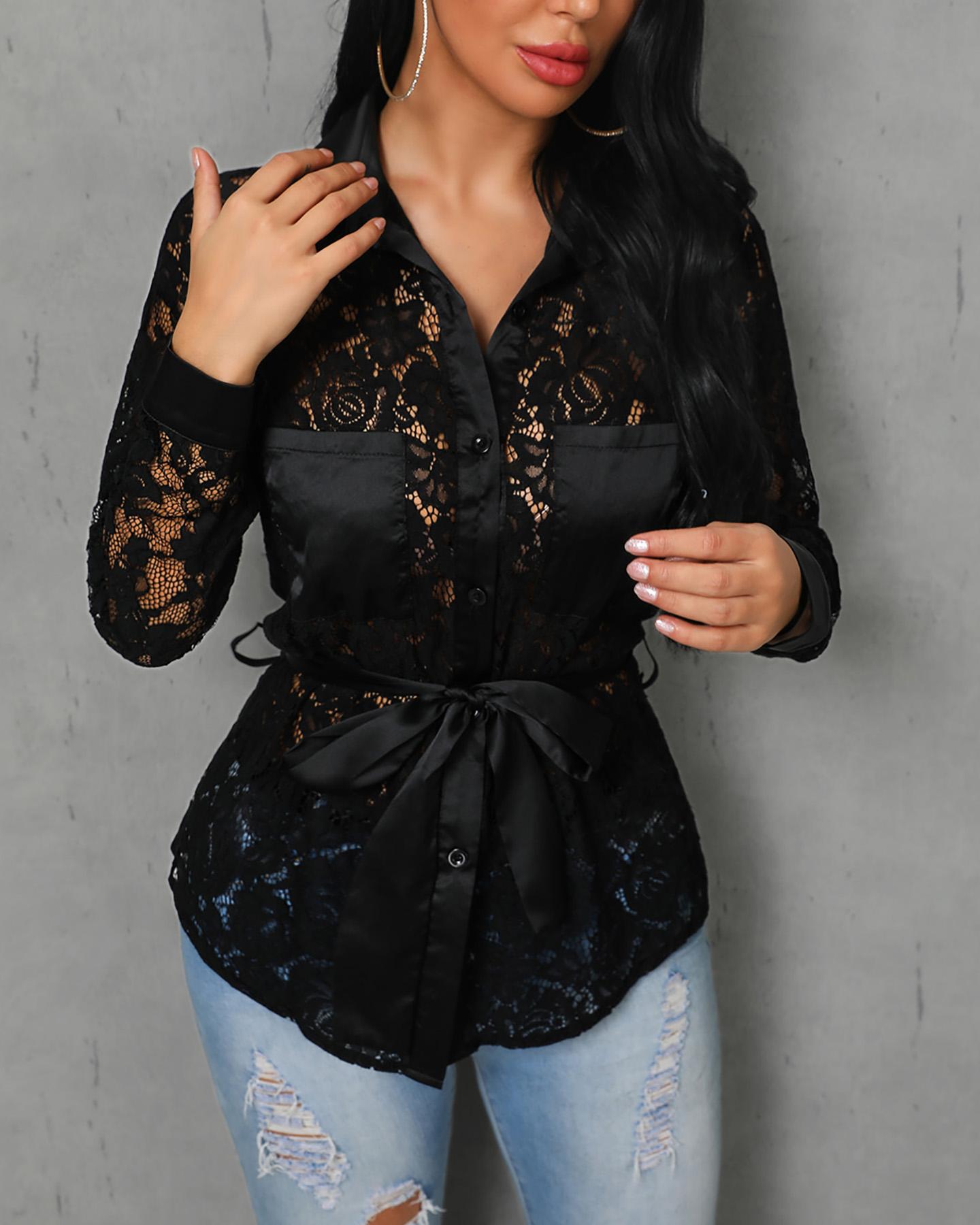 

Pocket Detail Tie Waist Lace Shirt, Black