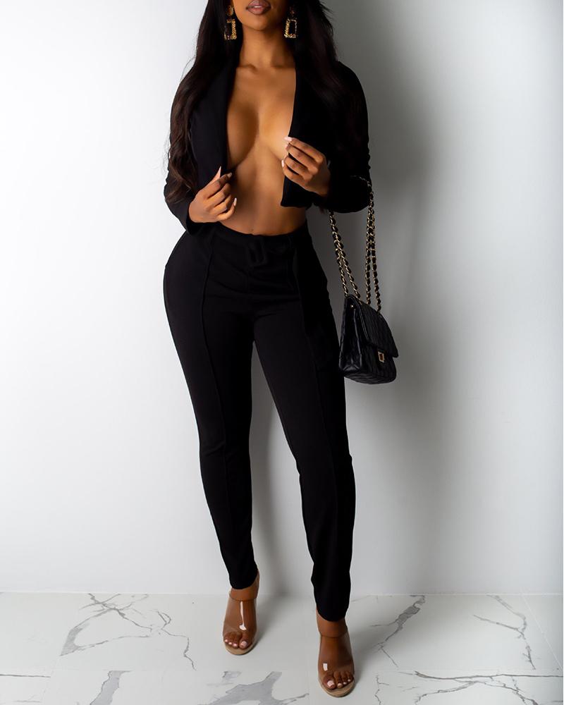 

Solid OPEN Front Coat & Pant Sets, Black