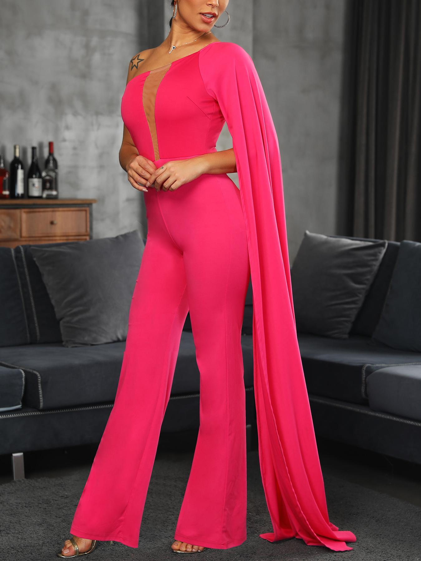 

One Shoulder Exaggerate Sleeve Mesh Insert Jumpsuit, Hot pink