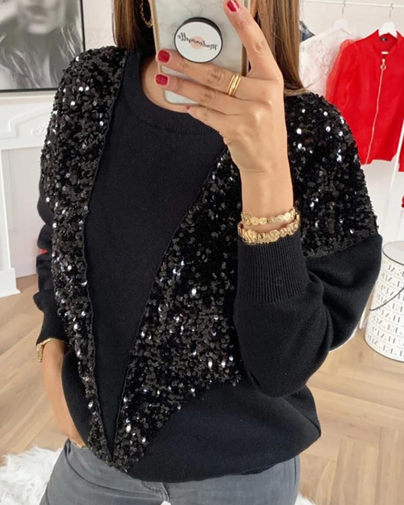 

Glitter Round Neck Long Sleeve Sequins Insert Sweater, Black