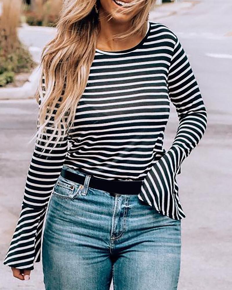 

Striped Colorblock Bell Sleeve Ruffles Top, Black