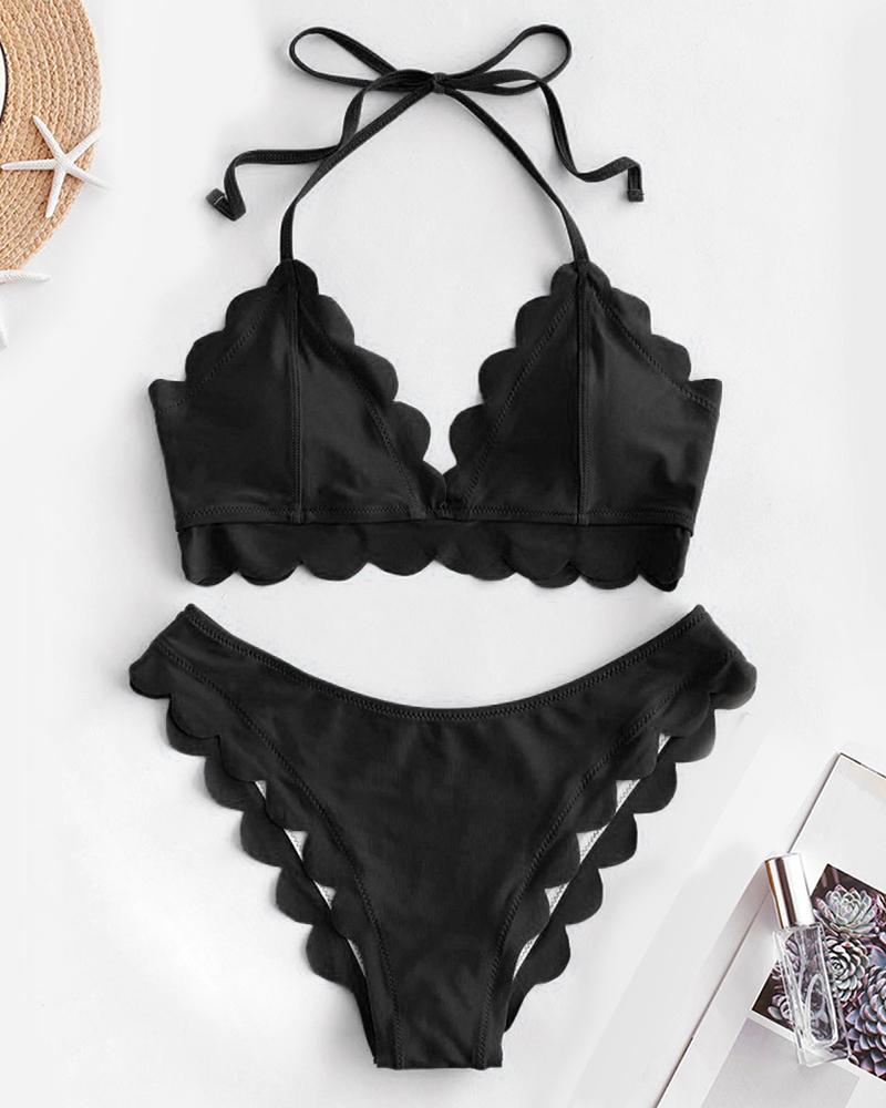 

Scallop Trim Halter Padded Bikini Set, Black