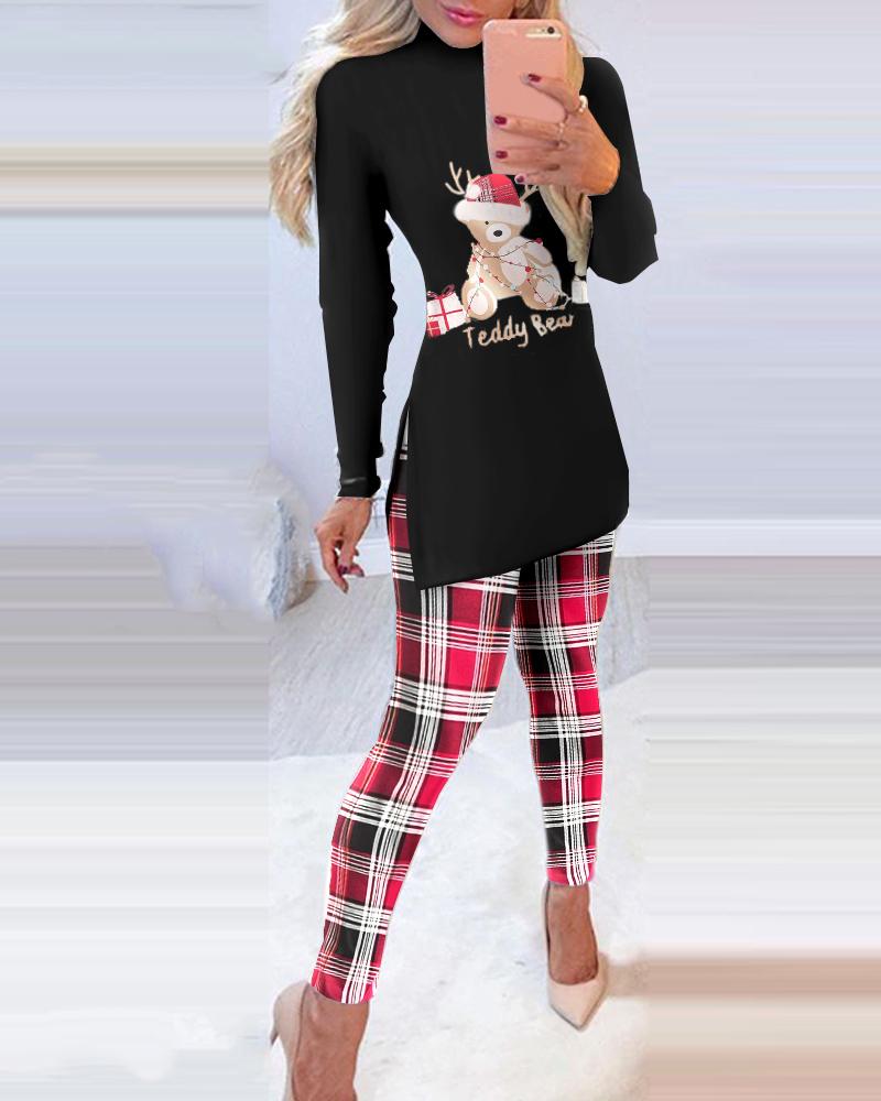 

Christmas Side Slit Long Sleeve Top & Pants Set, Black
