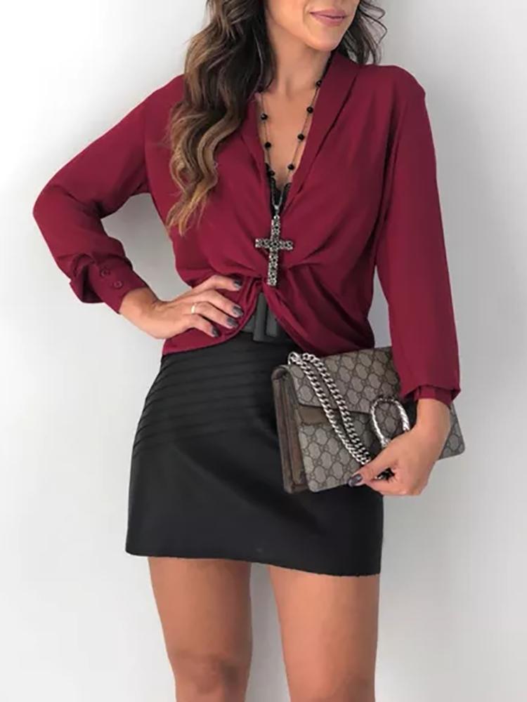 

Solid Deep V-Neck Twisted Front Blouse