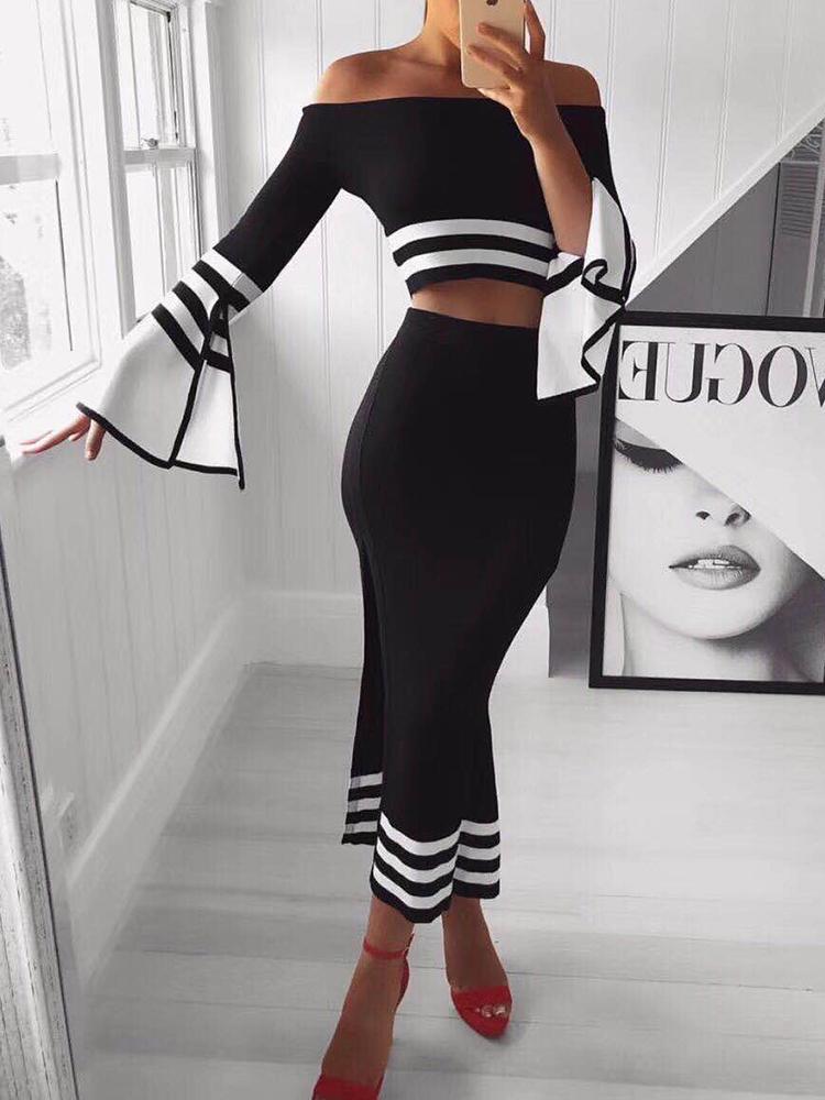 

Contrast Binding Off Shoulder High Slit Skirt Set, Black